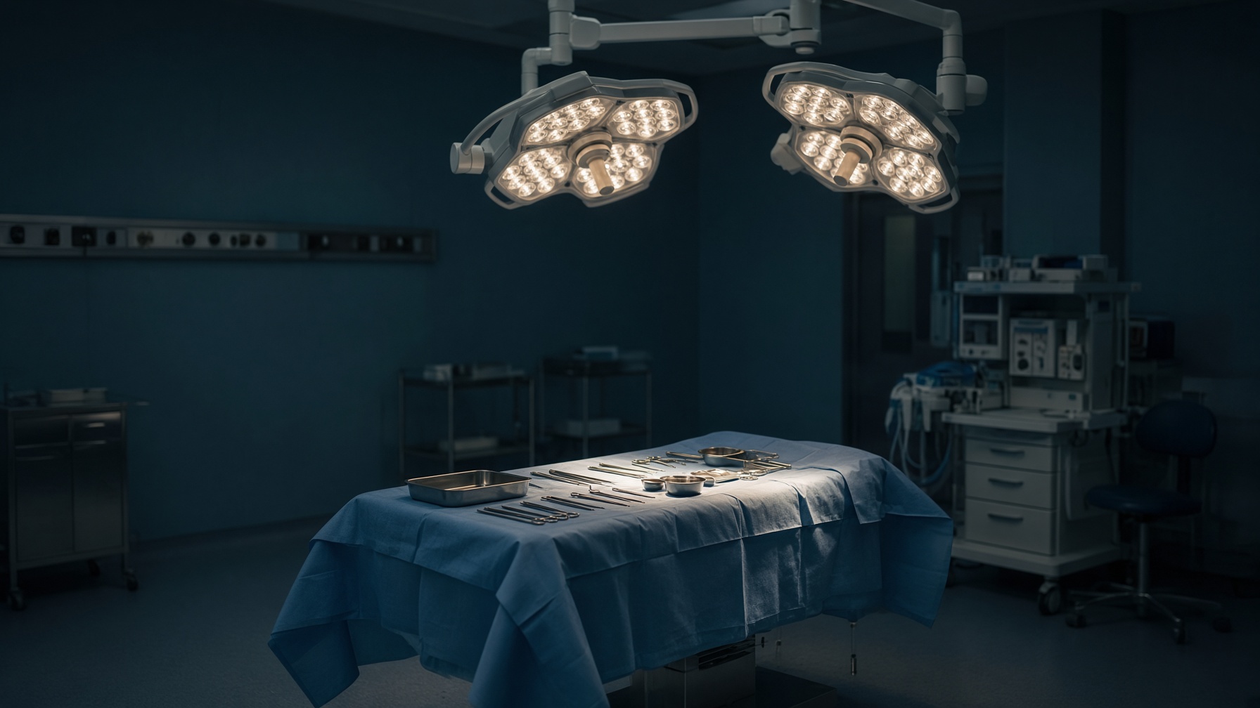 Empty operating room under surgical lights